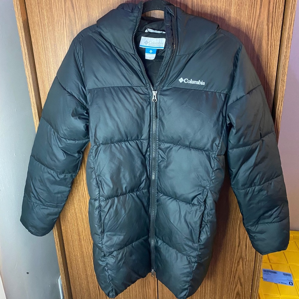 Columbia Puffer Jacket Womens XS Navy Hooded Longline Parka Coat 1864791